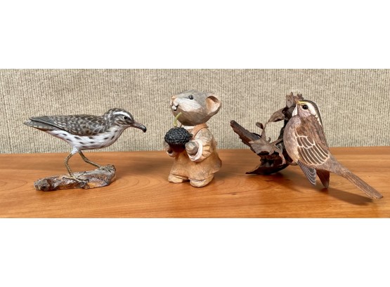 Two Artisan Carved Bird Figures And Mouse, 3 Pcs  (CTF20)