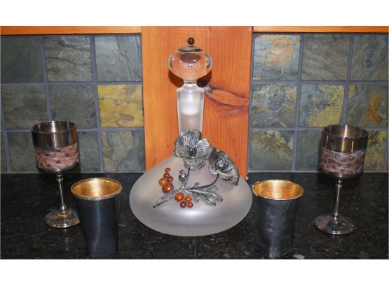 Artisan Made Decanter, Sterling/pewter Cups And Footed Wines, 5pcs (CTF20)