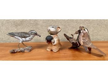 Two Artisan Carved Bird Figures And Mouse, 3 Pcs  (CTF20)