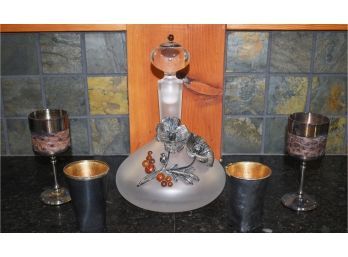 Artisan Made Decanter, Sterling/pewter Cups And Footed Wines, 5pcs (CTF20)