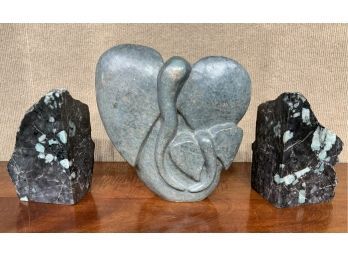 Zimbabwean Elephant Carving And Pair Of Stone Bookends (CTF20)