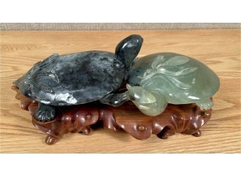 Carved Hardstone Turtles On Teakwood Stone (CTF10)