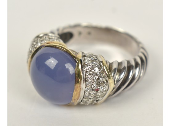 David Yurman Capri Blue Chalcedony & Diamond Silver And 18K Ring (CTF10)