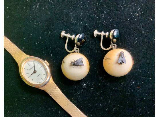 Vintage Bucherer Wrist Watch And Earrings (cTF10)