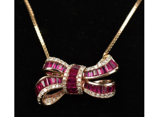 14K Rose Gold Ruby & Diamond Bow Necklace (CTF10)