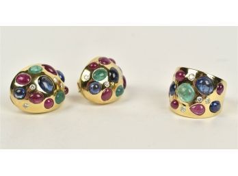 18K Gold Sapphire, Diamond, Emerald & Ruby Ring And Earrings (CTF10)