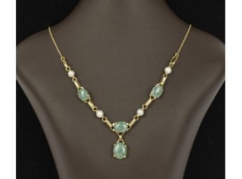 14k Gold Jade And Pearl Necklace (CTF10)
