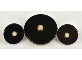 Antique Onyx And Pearl Pin And Earrings (CTF10)