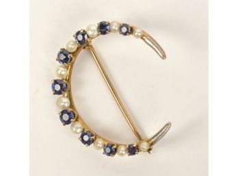 Antique 14K Crescent Sapphire & Pearl Pin (CTF10)