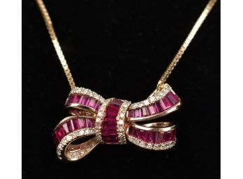 14K Rose Gold Ruby & Diamond Bow Necklace (CTF10)