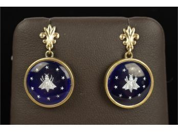 French 14K Gold & Blue Enamel Earrings  (CTF10)