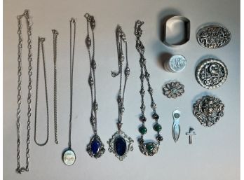 Silver Lot Of Necklaces, Pins, Pill Box, Napkin Ring (CTF10)