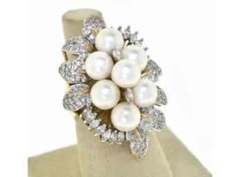 Impressive Vintage 14k Diamond And Pearl Ring (CTF10)