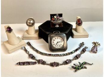 Vintage Sterling Silver Clock, Rings, Bracelets, Pins (CTF10)