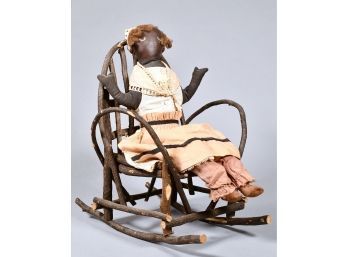 Antique Hand Painted Cloth Doll With Chair (CTF10)