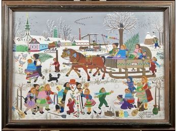 Zuzana Chalupova Oil On Canvas, Russian Winter Time Village Scene, 1981 (CTF20)