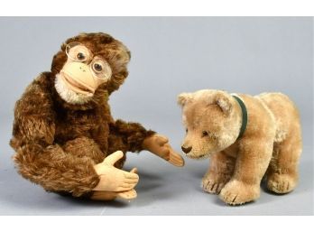 Vintage Glass Eyed Mohair Bear And Monkey (CTF10)