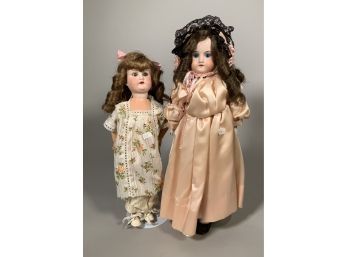 Two Antique Bisque Head Dolls On Stands (CTF10)