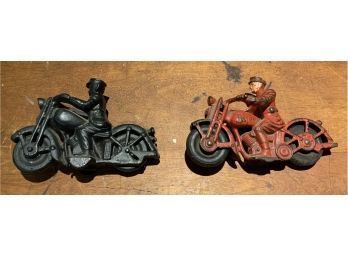 Two Cast Iron Police Officer Motorcycle Toys  (CTF10)