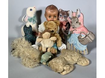 Vintage Lot Of Dolls, Bears, And Cat Door Stops, 10 Pcs (CTF10)
