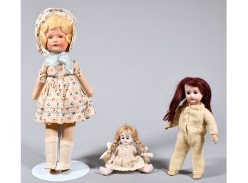 Three Vintage Diminutive Dolls, Two Bisque, One Cloth And Composite (CTF10)