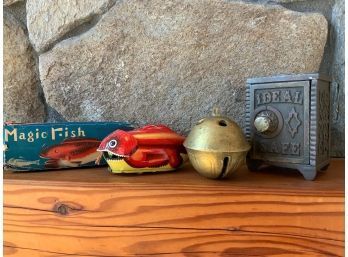Japanese Tin Fish Toy, Antique Bank And Bell (CTF10)
