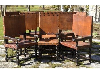 Ten Peruvian Carved Wood And Leather Dining Chairs (CTF80)