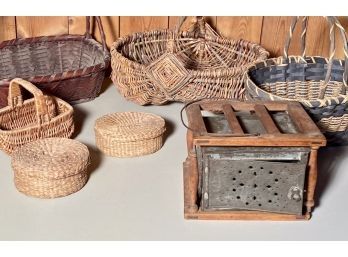 Antique Pierced Tin Bed Warmer & Baskets (CTF30)