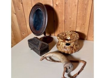 Antique Miniature Trunk, Horn, Spittoon, Shaving Mirror (CTF10)