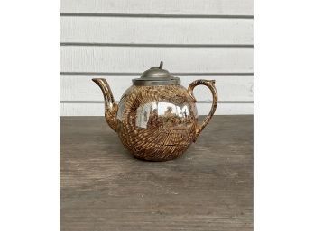 Antique Burr-wood Effect Ceramic Teapot With Pewter Lid (CTF10)
