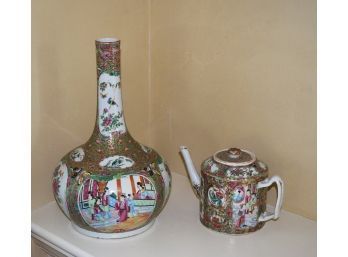 19th C. Rose Medallion Vase And Teapot (CTF20)