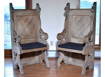 Pair Of Antique Oak Gothic Bishops Chairs (CTF30)