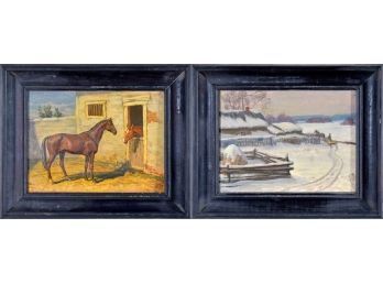 Two Contemporary Russian Oils On Canvas, Sleigh Scene And Horses (CTF20)