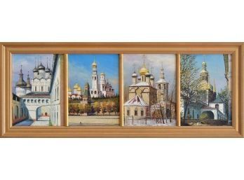 20th C. Quadriptych Oil On Canvases,  Russian City Scenes (CTF20)