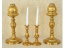 Pair Of Antique Brass Oil Lamps And Taper Sticks (CTF20)