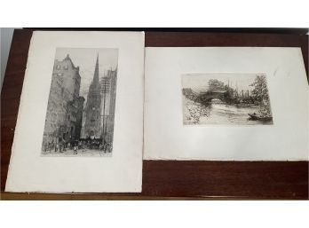 Two Antique Etchings, Wall Street By Frank M. Gregory And Leroy M. Yale (CTF10)