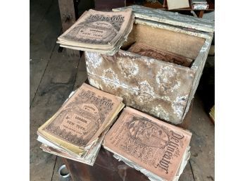 19th C. Wallpapered Wood Box And 1880s Magazines (CTF10)
