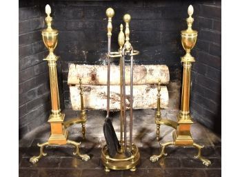 Pair Of Vintage Brass Andirons And Tools (CTF30)