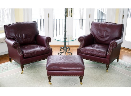 Fine Pr. Of McKinley Leather Club Chairs And Ottoman, Hickory Furniture Co. (CTF40)