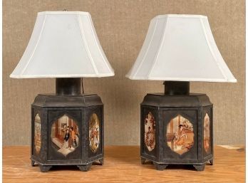 Pr. Antique Signed Pewter Chinese Canister Lamps (CTF20)