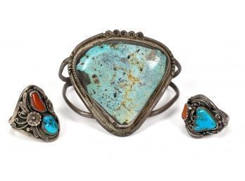 Navajo Sterling And Turquoise Bracelet And Rings (CTF10)