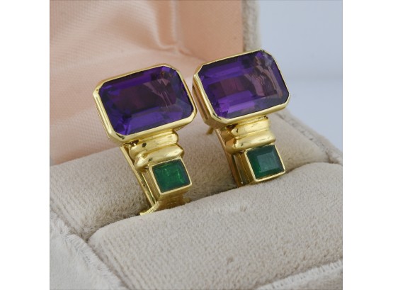 18k Gold Emerald And Amethyst Earrings