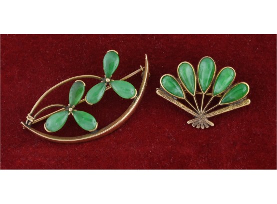 2 Jade Pins In Gold