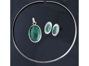 Sterling And Malachite Pendant & Earrings