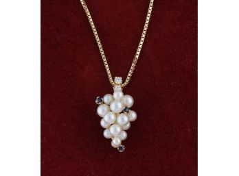 14k Gold Pearl And Diamond Pendant On Chain
