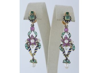 14K Emerald And Ruby Earrings