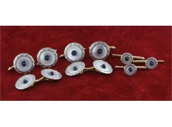 14K Mother Of Pearl And Sapphire Cufflink And Dress Stud Set
