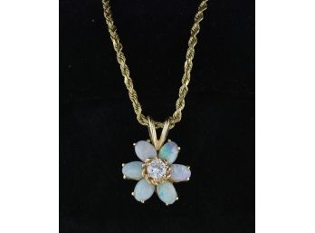 Diamond And Opal 14K Gold Pendant  And Chain
