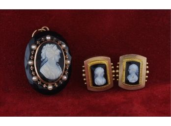 Victorian Gold Cameo Pendant And Earrings
