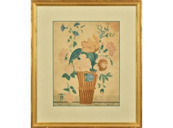 19th C. Theorem Watercolor, Basket Of Flowers (CTF10)